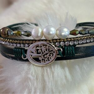 Green and Gold Multi-Layered Bracelet with Pearls and Charm